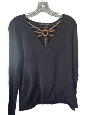 Linda Matthews Vintage-Style Beaded V-Neck Long Sleeve Top XL